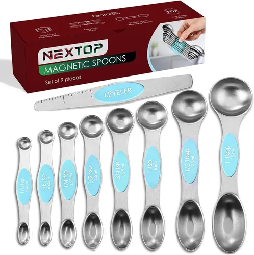 Miniatura 18 de Juego de 9 cucharas medidoras magnéticas de acero inoxidable, apilables, de doble cara, cucharas medidoras para medir ingredientes secos y líquidos