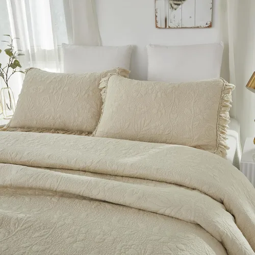 Miniatura 9 de Brandream Juego de Edredón Tamaño Queen de Algodón Beige con Estampado Floral y Enredaderas Matelassé Juego de Colcha con Volantes 3 Piezas
