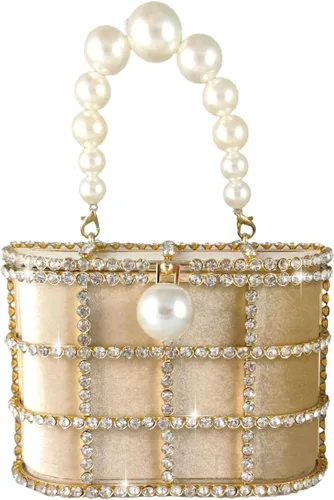 Miniatura 13 de Boutique De FGG Elegant Evening Handbag with Pearl Rhinestone Bucket Bag Crystal Clutch Purses for Wedding Party Small Tote
