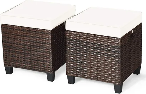 Miniatura 11 de HAPPYGRILL Juego de 2 otomanas de mimbre de ratán para exteriores, con cojines extraíbles, muebles de patio, reposapiés, asiento para reposapiés