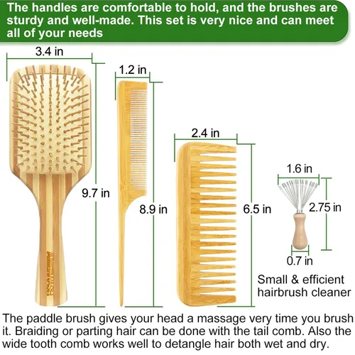 Miniatura 2 de Juego de peine de bambú para mujer, cepillo desenredante de paleta de madera para cabello grueso, fino, rizado, lacio, ondulado, fino, diente ancho