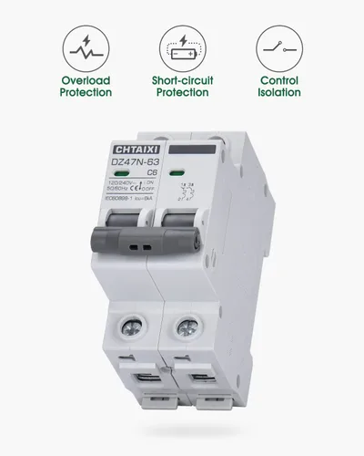 Miniatura 3 de Interruptor de Circuito en Miniatura AC, Interruptor de Circuito de 6 Amp 120V/240V de 2 Polos para Montaje en Riel DIN, Desconexión de CA Solar