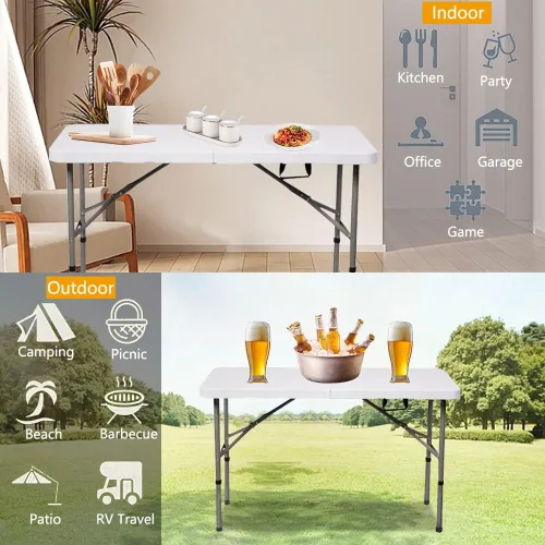 Miniatura 7 de Mesa plegable de plástico resistente de 4 pies, mesa de campamento plegable portátil, mesa de picnic, mesa de juego con asa, para 48 pulgadas