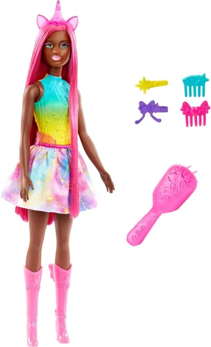 Barbie Muñeca de unicornio con pelo de fantasía magenta de 7 pulgadas de largo y accesorios coloridos para juego de peinado, diadema temática y cola