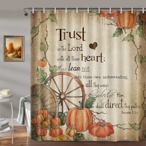 Miniatura 3 de Wathon Cortina de ducha con versículo bíblico, decoración de baño de otoño, cita de las Escrituras cristianas con calabaza de cosecha de otoño, Retro