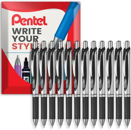 Pentel EnerGel XM BL77 - Bolígrafo retráctil de tinta de gel líquido, 0.028 in, 54% reciclado, tinta negra, paquete de 12 en embalaje de regalo