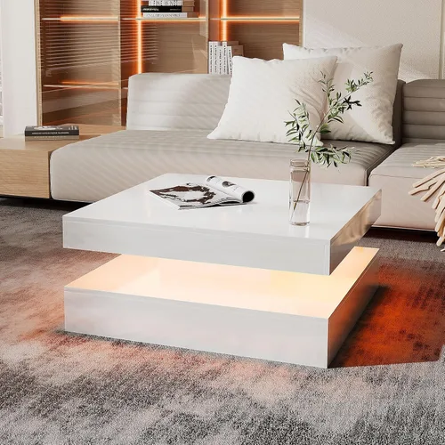 Miniatura 14 de HedoAjim Mesa de centro LED negra para sala de estar, mesa de sala de estar, mesas centrales cuadradas de 2 niveles, mesas de centro de madera