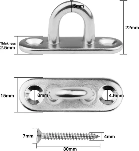 Miniatura 2 de 6 almohadillas de acero inoxidable de 1.8 pulgadas Ganchos en U para placa de ojo + 6 ganchos de acero inoxidable, lazo de grapas de hardware