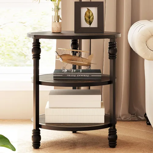 Miniatura 10 de IDEALHOUSE Mesa auxiliar pequeña, mesa auxiliar redonda con 3 estantes para sala de estar, dormitorio, mesita de noche, mesa auxiliar con marco