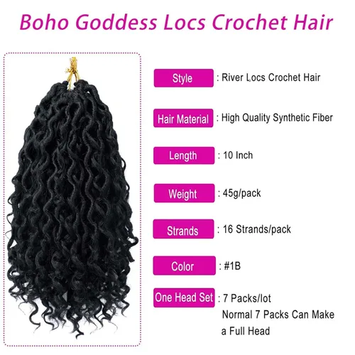 Miniatura 2 de Goddess Locs - Cabello de ganchillo de 10 pulgadas, 7 paquetes de cabello de ganchillo bohemio sintético para mujeres negras, rastas de ganchillo #1B