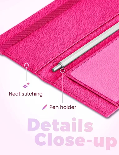 Miniatura 17 de Yarnic Funda para chequera personal, soporte para chequera con soporte para bolígrafo y divisor de plástico transparente integrado para cheques Rosa