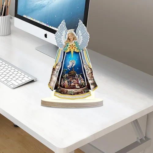Miniatura 7 de Kits de arte de diamantes de Navidad con belén de ángel: decoración de pintura de diamante de mesa con santa familia, adorno de escritorio