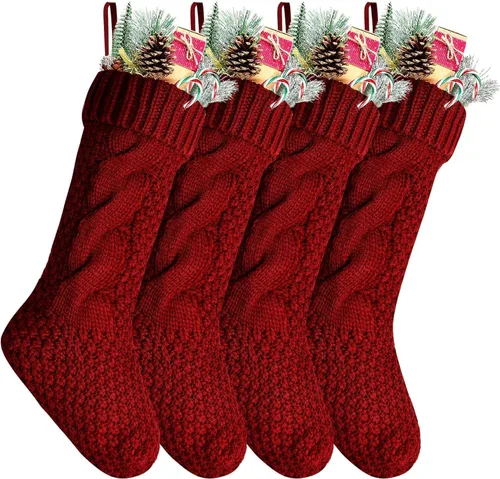 Miniatura 12 de Paquete de 4 calcetines navideños de punto, color burdeos, 14 pulgadas
