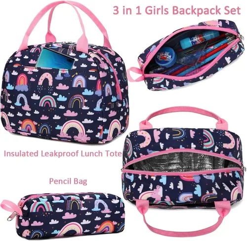 Miniatura 50 de Juego de mochila para niñas y adolescentes, mochila escolar para niños con bolsa para el almuerzo, estuche para lápices, mochilas escolares