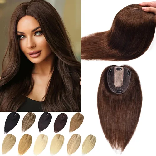 Miniatura 23 de Toppers de cabello humano real para mujeres con cabello delgado, 6 pulgadas, marrón oscuro