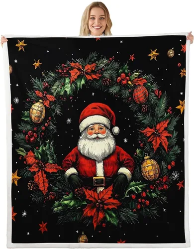 Manta de cama Kawaii de Papá Noel, manta rústica de felpa con corona de Navidad para decoración rústica del hogar, manta de franela de flores rojas