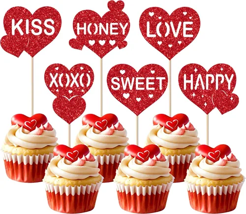 Miniatura 31 de Paquete de 24 adornos para cupcakes con purpurina en forma de corazón con temática de amor dulce, decoración de pasteles para el día de San