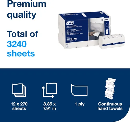 Miniatura 2 de Tork PeakServe 105066 - Toallas de mano de papel continuo, H5, Premium, comprimidas, 12 x 270 hojas, color blanco