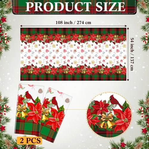 Miniatura 2 de Peryiter 2 piezas de mantel de plástico de Navidad alegre, 54 x 108 pulgadas, rojo de invierno, flor, loro, desechable, para decoración de fiesta