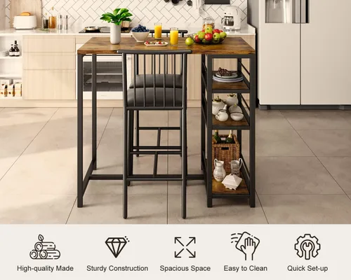 Miniatura 7 de Gizoon Juego de mesa de comedor para 2 personas con 3 estantes de almacenamiento, mesa de cocina y sillas para 2 personas con cojín de poliuretano