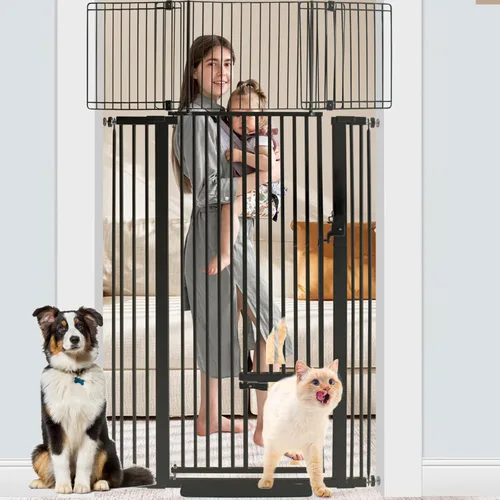 Miniatura 8 de SHYUJAJIE Puerta extra alta para mascotas de 71 pulgadas con puerta pequeña para gatos, puerta ancha ajustable de 29.55 a 40.55 pulgadas, puertas
