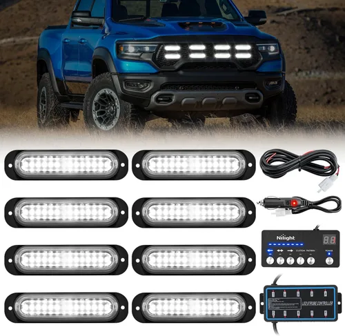 Miniatura 17 de Nilight 8 piezas de luces estroboscópicas LED 12 LED ámbar blancas, luz de emergencia 12 V 24 V, luz de advertencia de peligro con función
