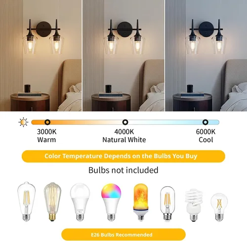 Miniatura 6 de Luz de Tocador Negra de 2 Luces Estilo Granja Moderno Lámpara de Baño con Pantallas en Forma de Copa de Vino para Espejo de 16 Pulgadas, Aplique