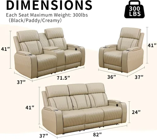 Juego de sillones reclinables eléctricos con luces LED, juego reclinable de cuero acolchado con aire con puerto USB/almacenamiento/portavasos/luz de