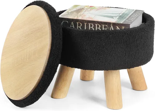 OGEMXU Reposapiés otomano, otomana redonda pequeña con almacenamiento, taburete Boucle de terciopelo con patas de madera, otomana de almacenamiento