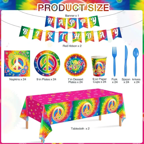 Miniatura 2 de 172 piezas de suministros para fiesta de cumpleaños de teñido anudado sirven para 24 personas y 60 años 60, decoración de fiesta temática hippie