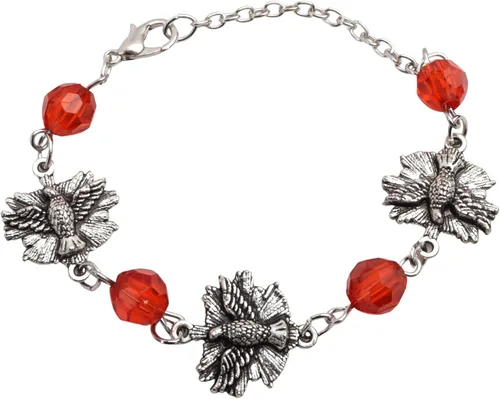 Needzo Pulsera de confirmación, cuentas rojas con dijes de paloma del Espíritu Santo en tono plateado, joyería religiosa católica, regalo
