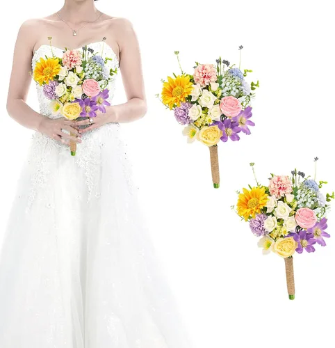 Miniatura 21 de Juego de 4 ramos para dama de honor para boda - Ramos de flores artificiales de 7 pulgadas para decoración de centros de mesa de ceremonia y Azul