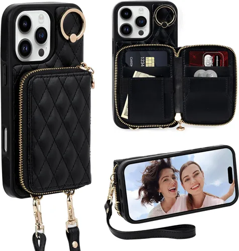 Miniatura 66 de Funda tipo cartera para iPhone 15 de 6.1 pulgadas, bolso cruzado con cremallera y correa para la muñeca con cordón para mujer, tarjetero con bloqueo