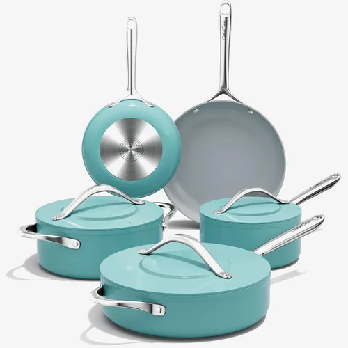 Miniatura 11 de CookinCraze Juego de 8 ollas y sartenes antiadherentes de cerámica con tapa, sin PFAS, no tóxicos, compatible con inducción, apto para horno, Azul