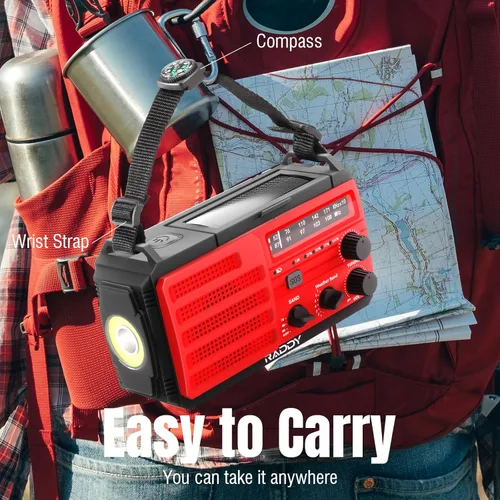 Miniatura 7 de Batería de 37000 mWh: radio de emergencia Raddy SW10, manivela solar, radio AM FM NOAA con linterna de batería recargable, brújula de alarma SOS