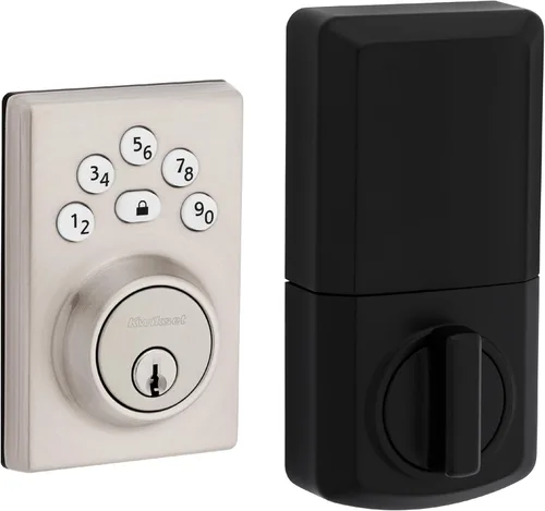 Kwikset Powerbolt 240 - Cerradura de puerta con teclado electrónico contemporáneo de 5 botones en níquel satinado, con entrada sin llave