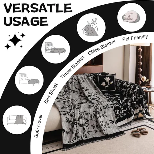 Miniatura 6 de HANDONTIME Funda para sofá para perros lavable con estampado floral de pájaros para sofás y sillones, funda de sofá negra con flores de jacquard