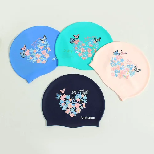 Miniatura 5 de Gorro de natación para mujer, gorra de natación de silicona para cabello largo con estampado de flores Azul marino