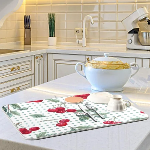 Miniatura 6 de Tapete de secado de platos con diseño de lunares de cereza y acuarela, para encimeras de cocina, fregaderos, tapete de secado absorbente resistente