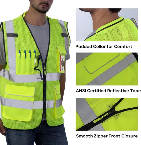 Miniatura 3 de Neopelta Chaleco de seguridad reflectante de malla amarilla, chaleco de alta visibilidad con bolsillos y cremallera, cuello acolchado, chaleco