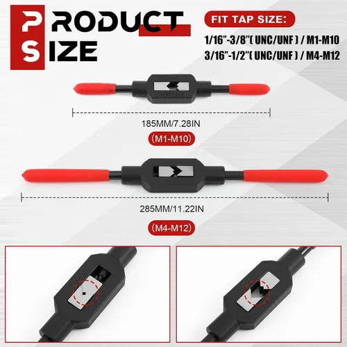 Miniatura 2 de WILLBOND 2 llaves de grifo ajustables M1-M12, herramienta de mango de trinquete para escariador para reparación de roscas automotrices, previamente