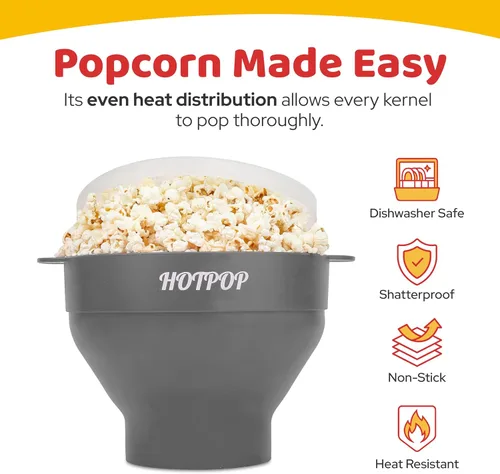 Miniatura 4 de El original Hotpop - Palomitas de maíz para microondas, máquina de palomitas de silicona, cuenco plegable sin BPA y apto para lavavajillas - 20 Gris