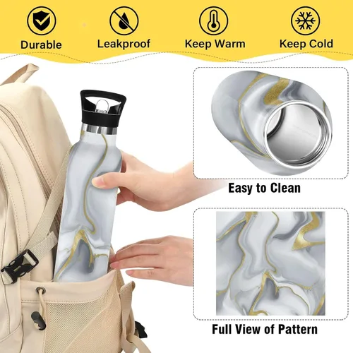 Miniatura 4 de Kids Water Bottle for School Leakproof Sports Water Bottle for Boys Girls 20oz, BPA-Free, Grey Gold Marble Texture