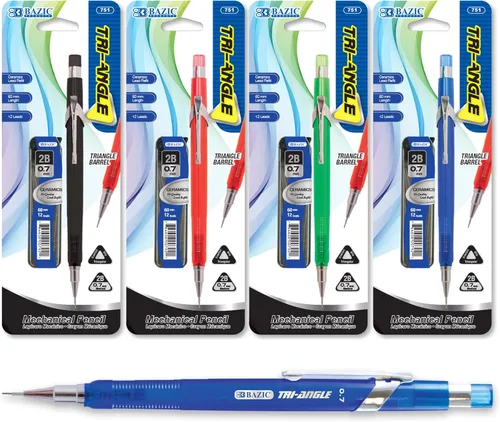 BAZIC PRODUCTS Lápiz mecánico Tri-Angle de 0.028 in, agarre suave, recarga de lápices de cerámica 2B, borrador sin látex, para dibujar dibujo,