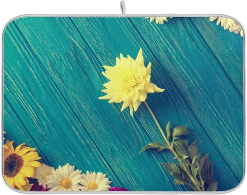 Miniatura 22 de Tapete de secado de platos de flores de fondo negro para encimera de cocina de 18 x 24 pulgadas, tapete de microfibra absorbente, tapete de secado