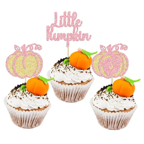 Miniatura 26 de Gyufise 24 piezas de decoración de cupcakes de calabaza con purpurina para temática de otoño, Acción de Gracias, Halloween, baby shower, niños