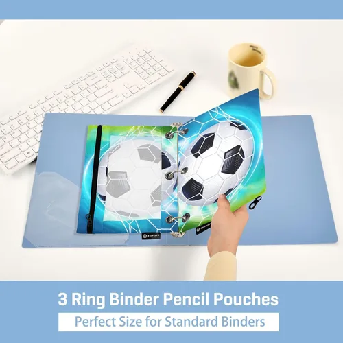 Miniatura 4 de Estuche para lápices de fútbol de fútbol en campo para carpeta de 3 anillas, paquete de 2 bolsas impermeables para lápices, estuche transparente