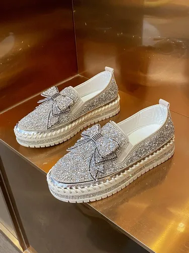 Miniatura 7 de Zapatos deportivos de plataforma con diamantes de imitación y purpurina para mujer, con bonito lazo, cómodos, mocasines planos, zapatos casuales