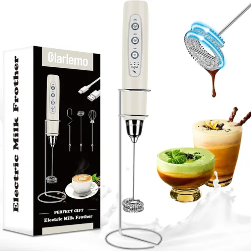 Colarlemo Espumador de Leche de Mano Recargable con Soporte, Varita Espumadora Mezclador de Bebidas Batidor Eléctrico para Café, Desmontable con 3