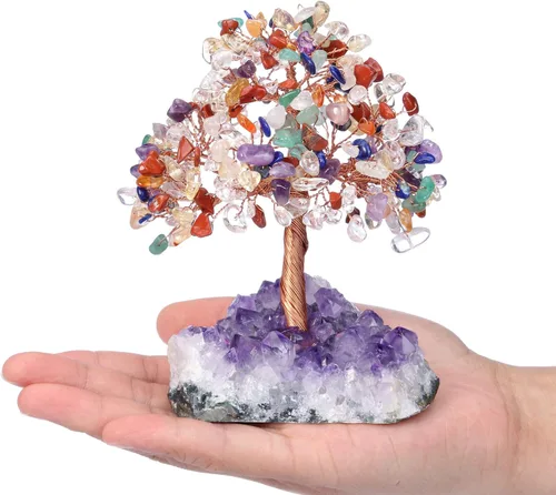 Miniatura 3 de Jovivi Árbol de Dinero de Cristal Curativo de Gemas de 7 Chakras Naturales sobre Base de Geoda Drusa de Racimo de Amatista, Cristales de Feng Shui